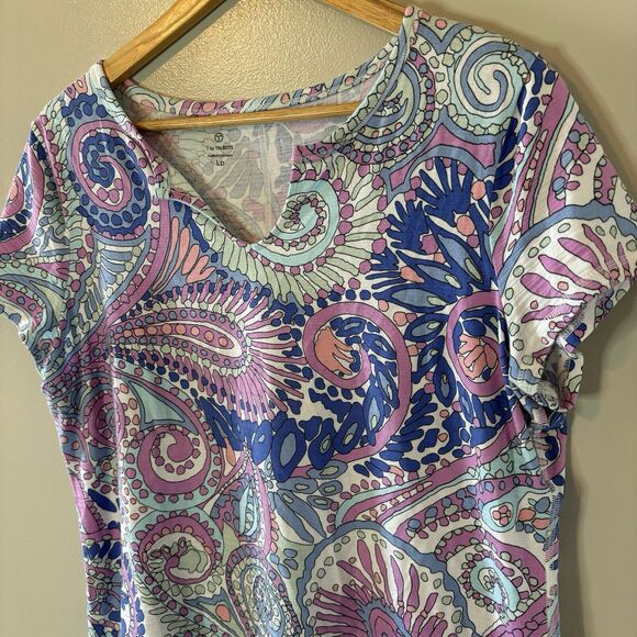 T By Talbots Paisley Top Purple Blue Short Sleeves Sz Large Petite - Picture 2 of 7